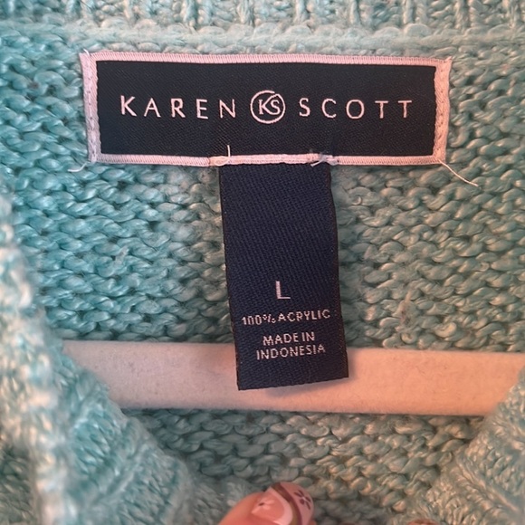 Karen Scott Cable knit mock-neck Sweater with Pearl Buttons sz L pastel aqua - Picture 3 of 4